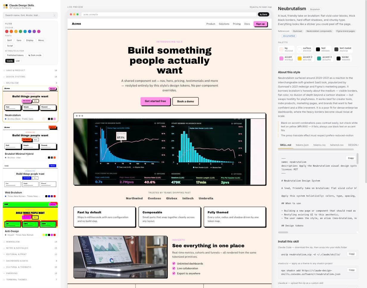 The full library view for Neubrutalism: filter sidebar, live preview, palette, and install panel